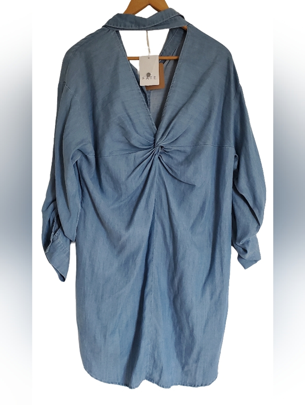 Fate Denim Tencel Twist Knot Back Peekaboo Button-Down Long Sleeve Shirt Dress